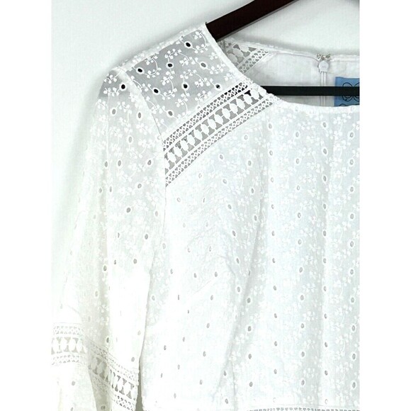 New Cece Women Sz 8 White Dress Eyelet Bell Ruffle Sleeve Crochet Lace A Line H4 - Picture 6 of 12